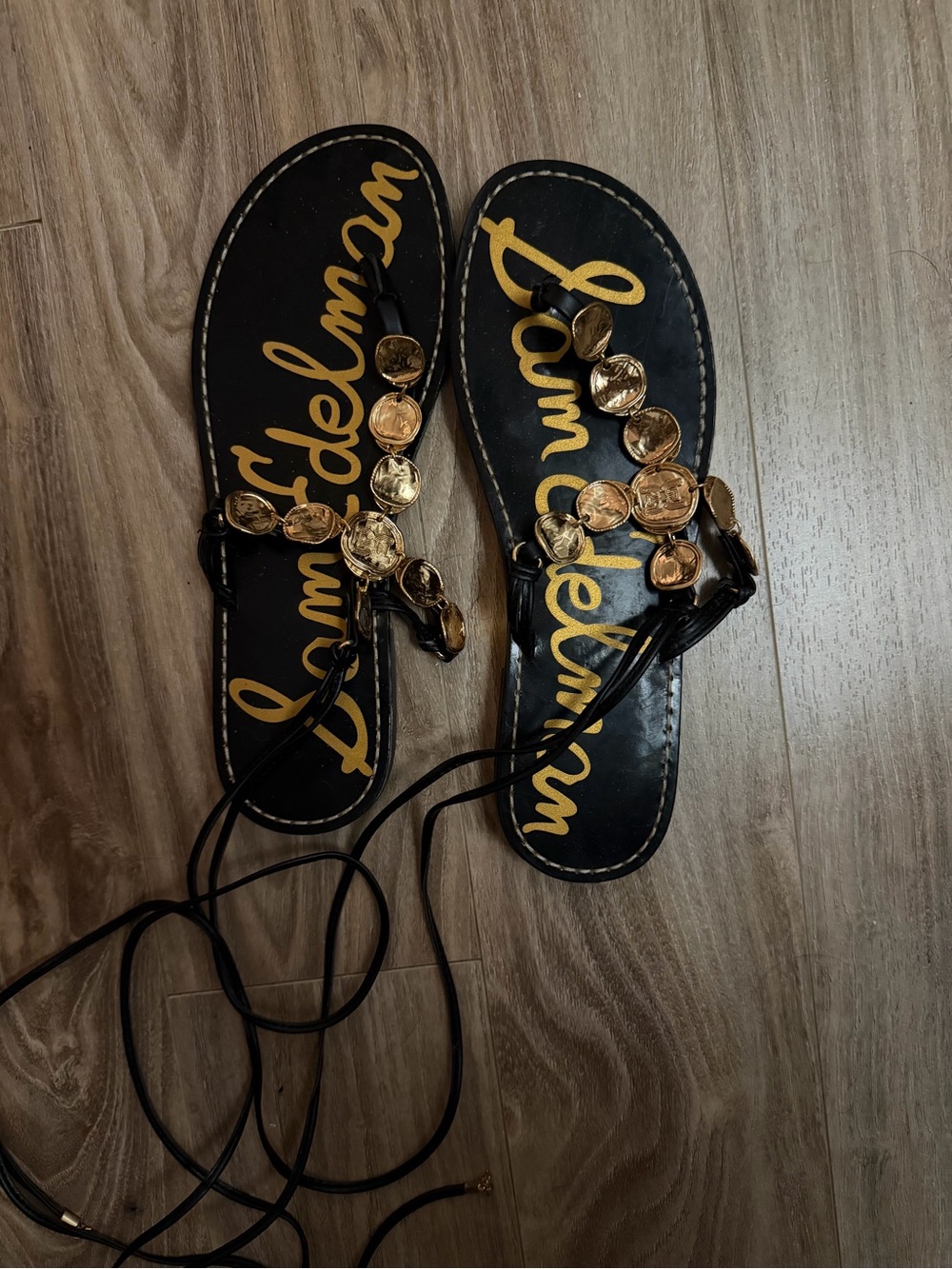 Sam Edelman Black Leather Sandals with Gold Coin Accents
